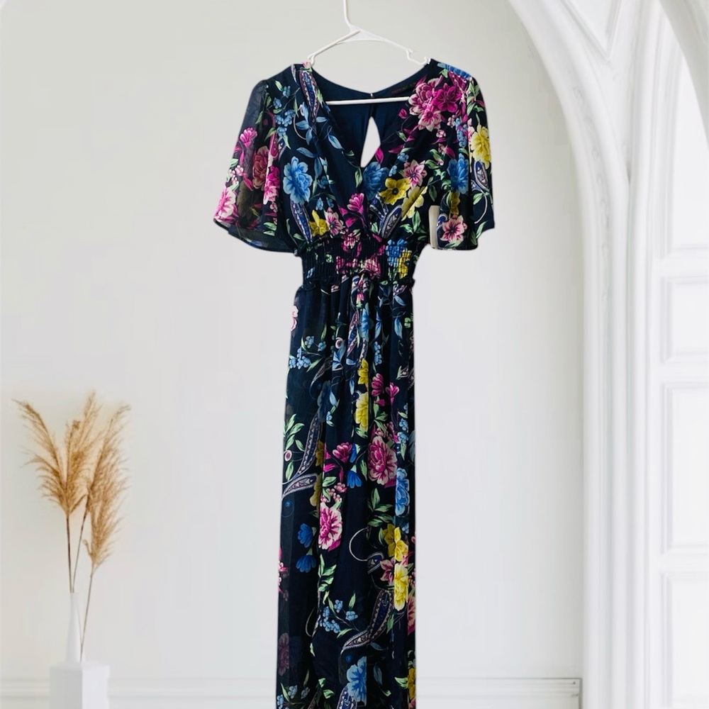 Pink and Yellow Ruffled Tie Front Maxi Sundress